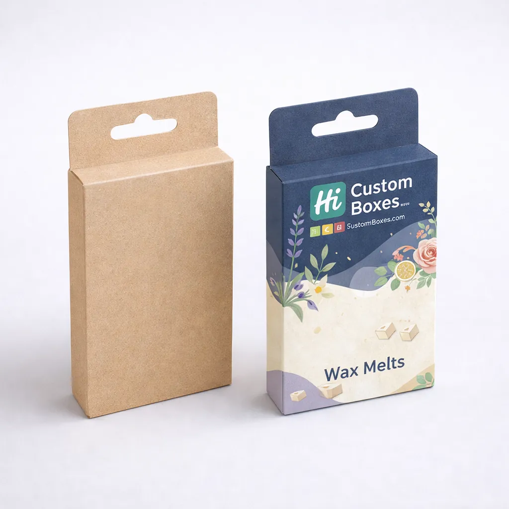 Two vertical hanging retail boxes for wholesale wax melts, in natural kraft and branded floral versions. class=